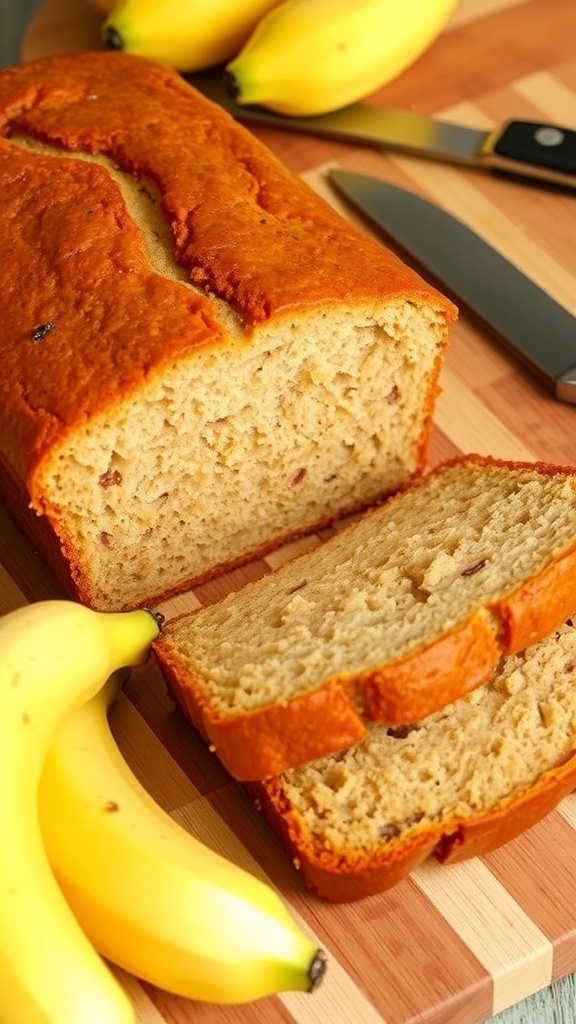 A loaf of banana bread sliced, with ripe bananas on a wooden cutting board.